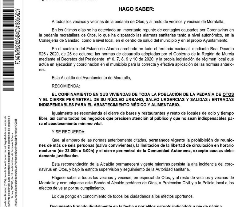 El Ayuntamiento de Moratalla pide también el confinamiento de la población de Otos ante otro rebrote en pedanías tras el de Benizar