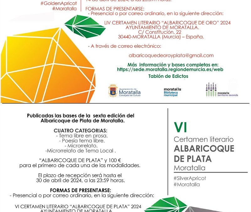 Bases del LIV Certamen literario ALBARICOQUE DE ORO y del VI Certamen literario ALBARICOQUE DE PLATA de Moratalla.