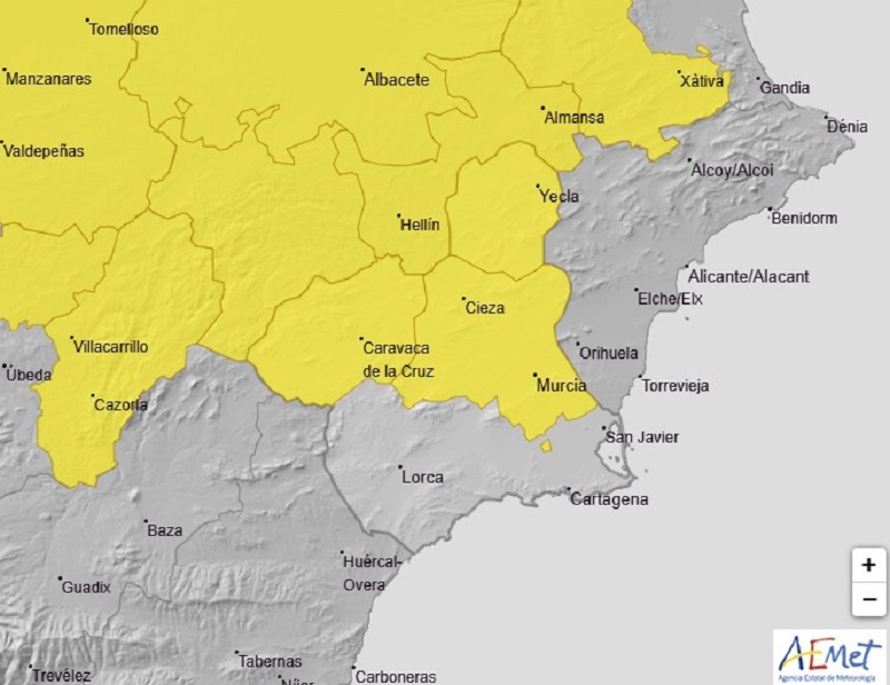 Meteorología advierte de tormentas con granizo este martes en el Altiplano, Noroeste y la Vega del Segura (Aviso amarillo)