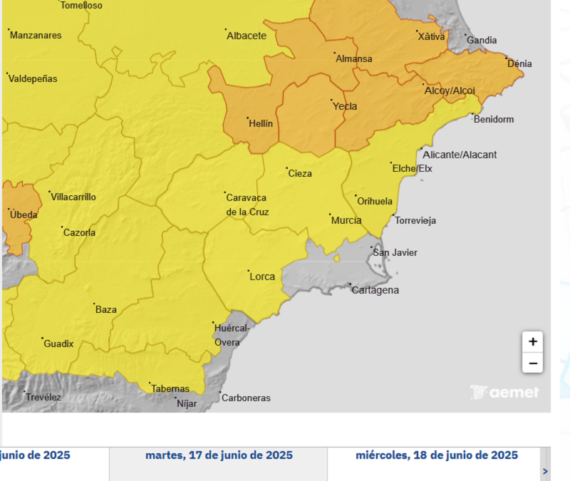 La AEMET actualiza los avisos por fenómenos meteorológicos adversos en la Región de Murcia para mañana martes e incluye un nuevo aviso para el miercoles