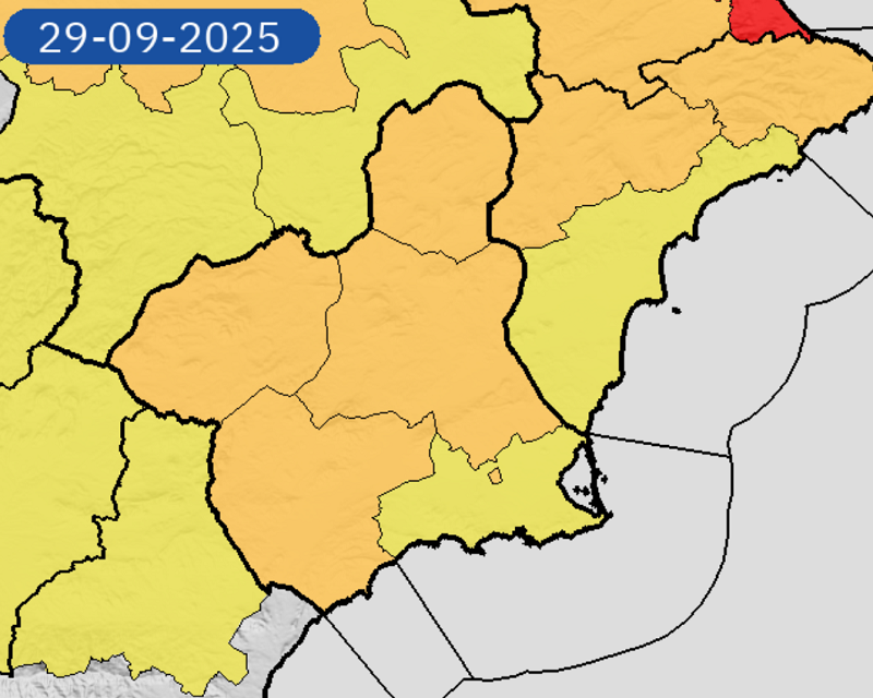 La Aemet amplia sus alertas y eleva a naranja el aviso de lluvias para este lunes en la Región de Murcia