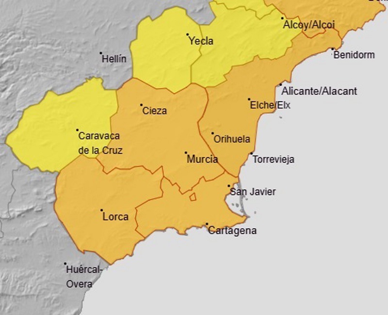 El aviso por lluvias afectará a toda la Región de Murcia en la madrugada de este martes