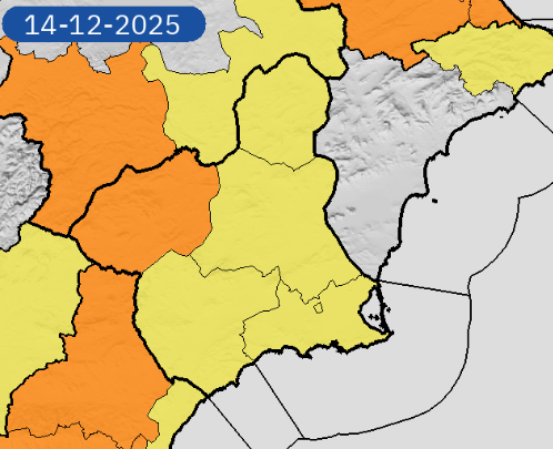 Meteorología mantiene y actualiza avisos de fenómenos adversos por lluvias y tormentas, nivel amarillo y naranja, para los días 14 y 15 de diciembre en la Región de Murcia
