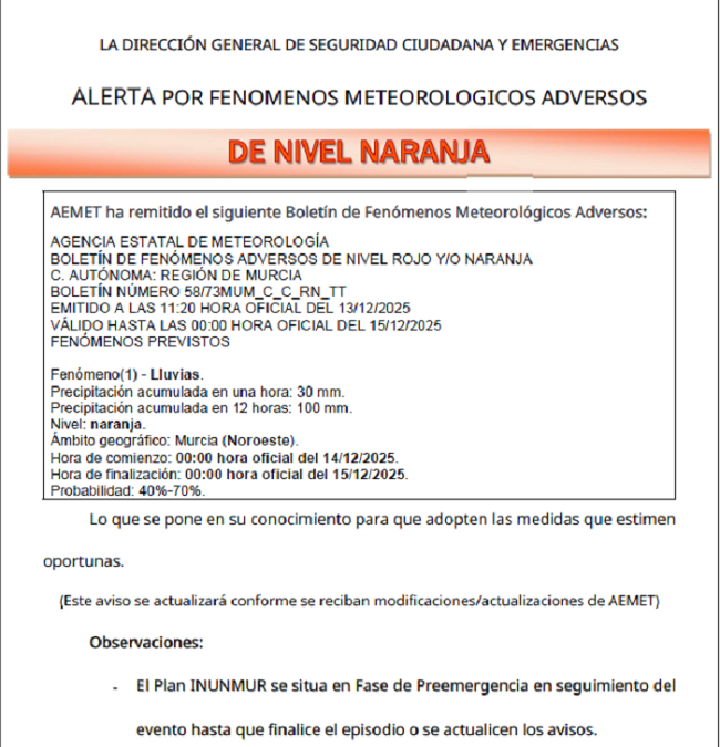 La Dirección General de Seguridad Ciudadana y Emergencias activa en fase de preemergencia el PLAN INUMUR y emite aleurta de nivel naranja por lluvias y tormentas en el Noroeste a partir de la próxima noche