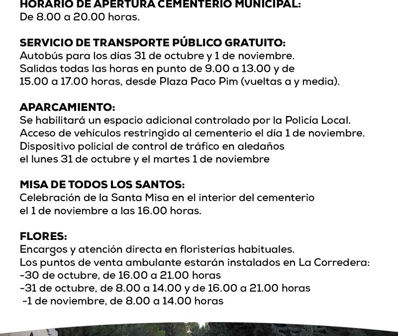 El Ayuntamiento de Caravaca habilita una línea de transporte gratuito al Cementerio Municipal con motivo de la festividad de todos los Santos