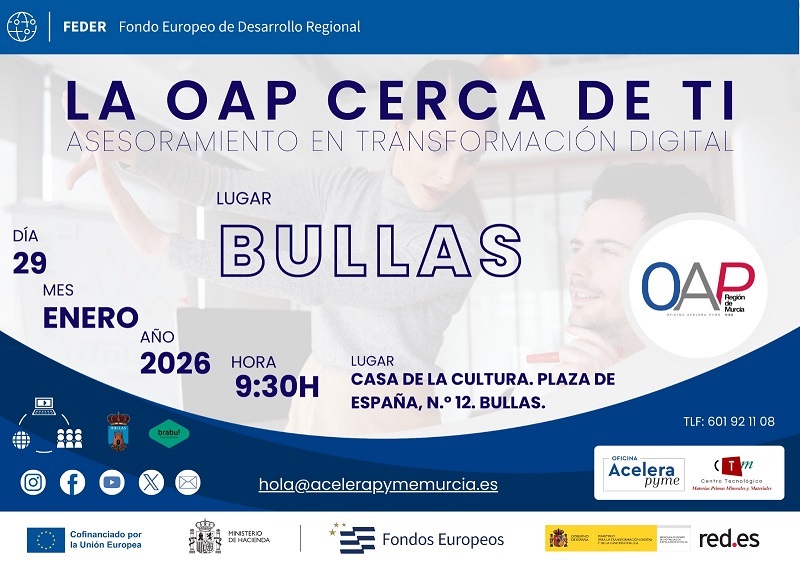 Bullas acogerá el próximo 29 de enero una jornada gratuita de asesoramiento digital dirigida a pymes, autónomos y personas emprendedoras